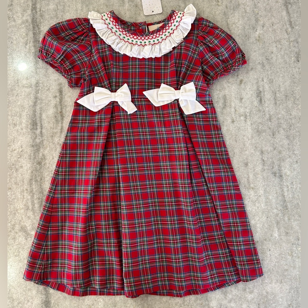 Smockingbird Red Plaid Dress & White  Smocked Collar Size 5